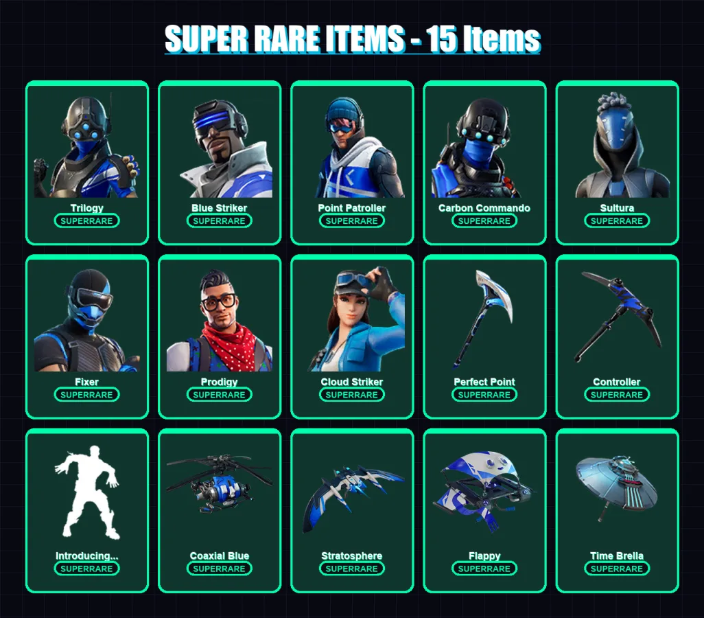 [PC] | Trilogy | Blue Striker | Point Patroller | Carbon Commando | Sultura | 41 skin | 66 pickaxe | 48 emote | 63 glider | Lv791