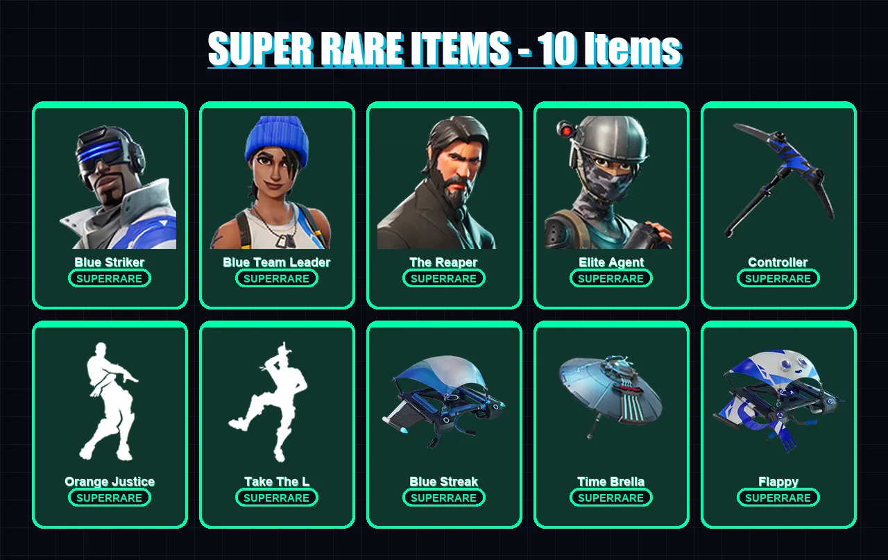 [PS4/PS5/XBOX/PC] | Blue Striker | Blue Team Leader | The Reaper | Elite Agent | Valor | 17 skin | 51 pickaxe | 49 emote | 65 glider | Lv1081