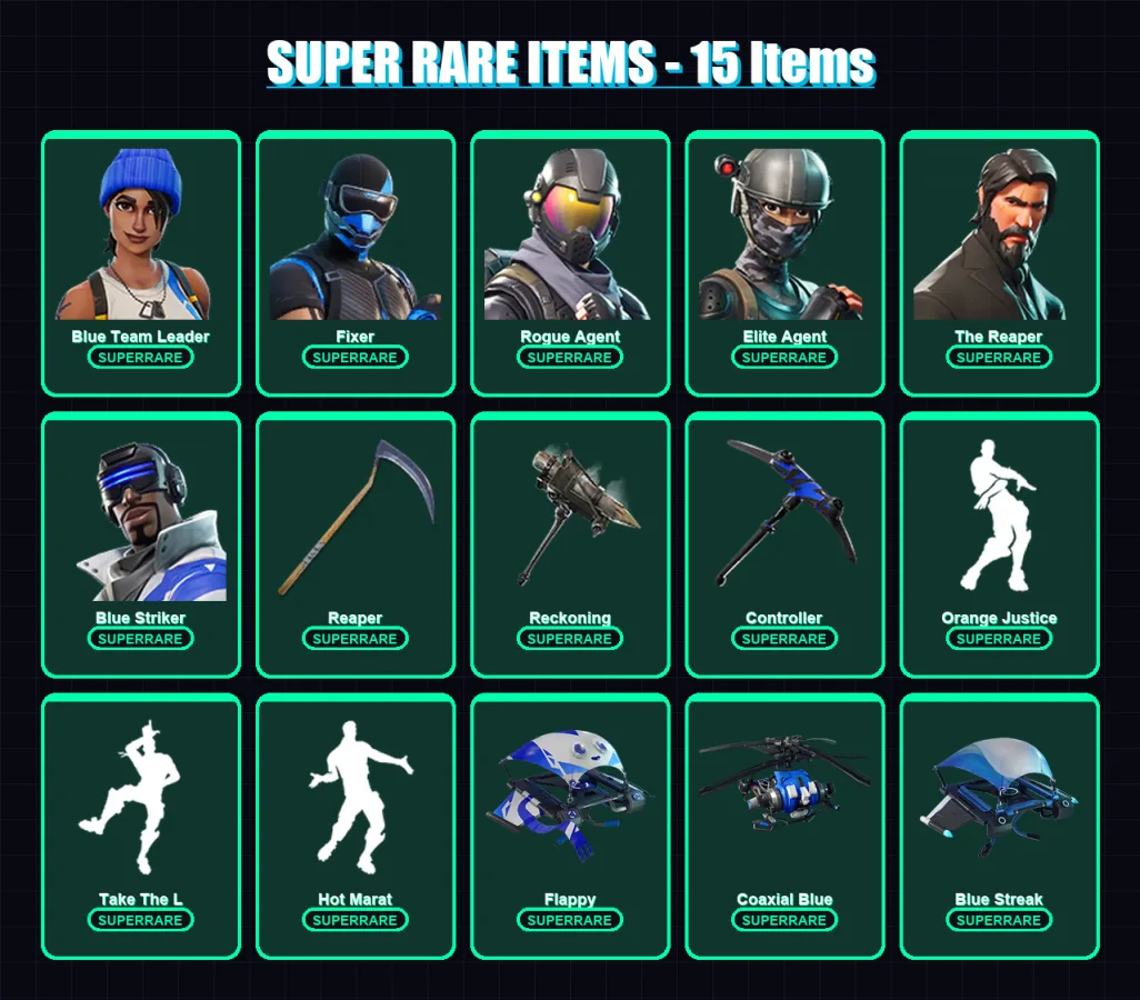 [PS4/PS5/XBOX/PC] | Blue Team Leader | Fixer | Rogue Agent | Elite Agent | The Reaper | 128 skin | 93 pickaxe | 102 emote | 103 glider | Lv1642
