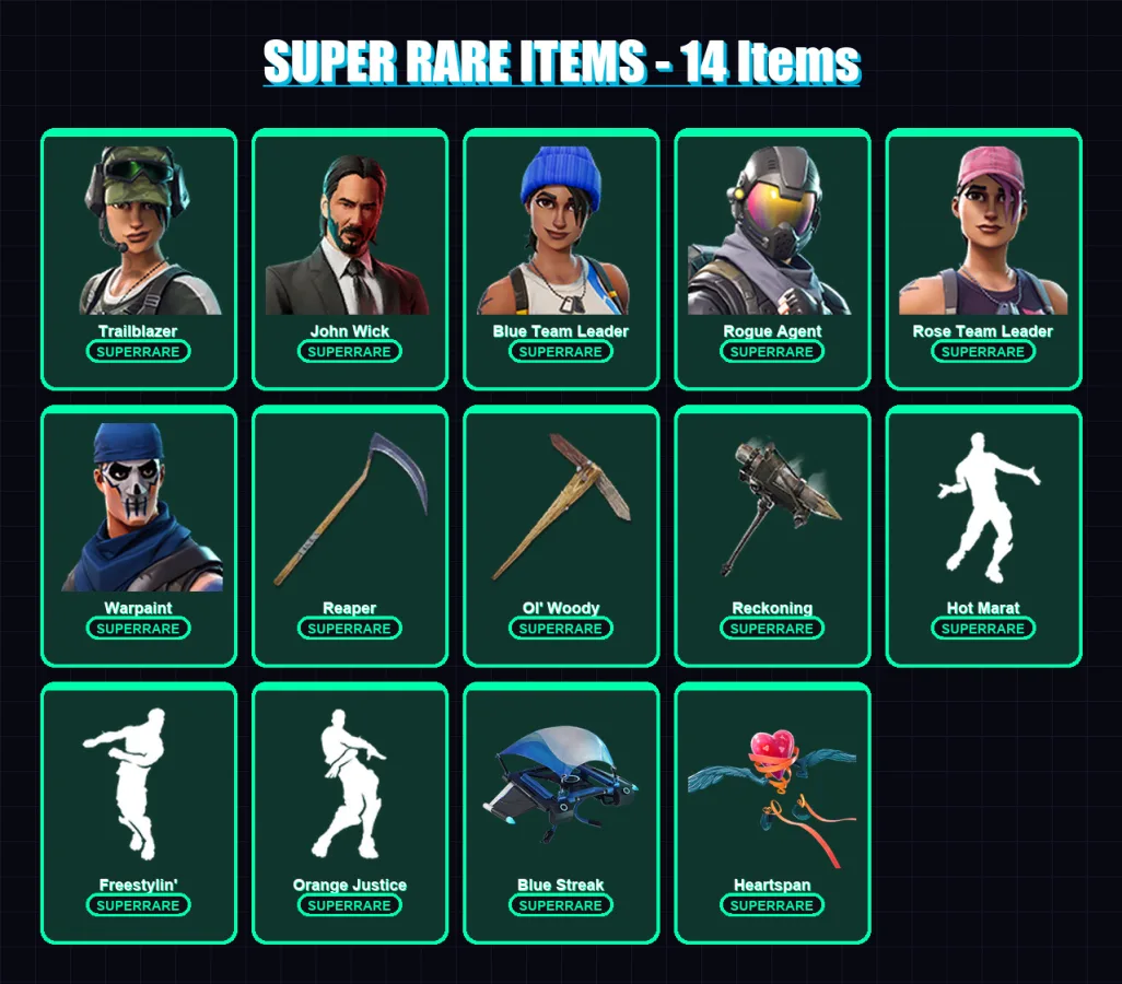 [PC/XBOX/PSN] | Trailblazer | John Wick | Blue Team Leader | Rogue Agent | Rose Team Leader | 68 skin | 42 pickaxe | 59 emote | 46 glider | Lv625
