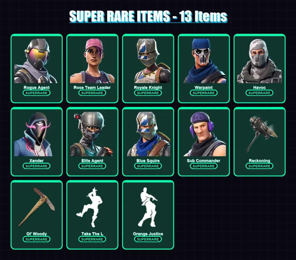 [PC/PSN] | Rogue Agent | Rose Team Leader | Royale Knight | Warpaint | Havoc | 56 skin | 90 pickaxe | 64 emote | 71 glider | Lv1005