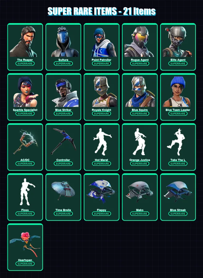 [PS4/PS5/XBOX/PC] | The Reaper | Sultura | Point Patroller | Rogue Agent | Elite Agent | 91 skin | 100 pickaxe | 89 emote | 104 glider | Lv1574