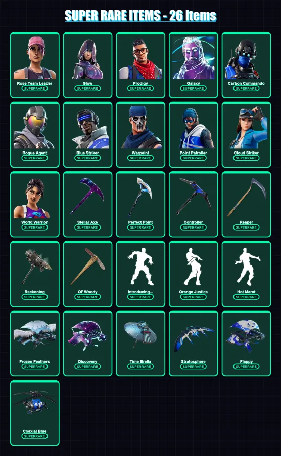 [SWITCH/XBOX/PC] | Rose Team Leader | Glow | Prodigy | Galaxy | Carbon Commando | 222 skin | 160 pickaxe | 218 emote | 138 glider | Lv2167
