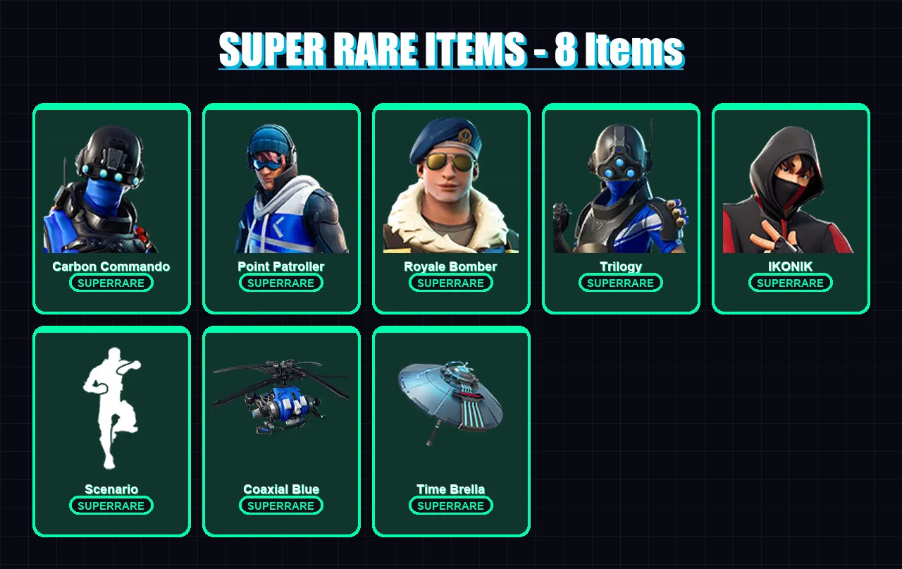 [PS4/PS5/PC] | Carbon Commando | Point Patroller | Royale Bomber | Trilogy | IKONIK | 89 skin | 148 pickaxe | 98 emote | 123 glider | Lv2527