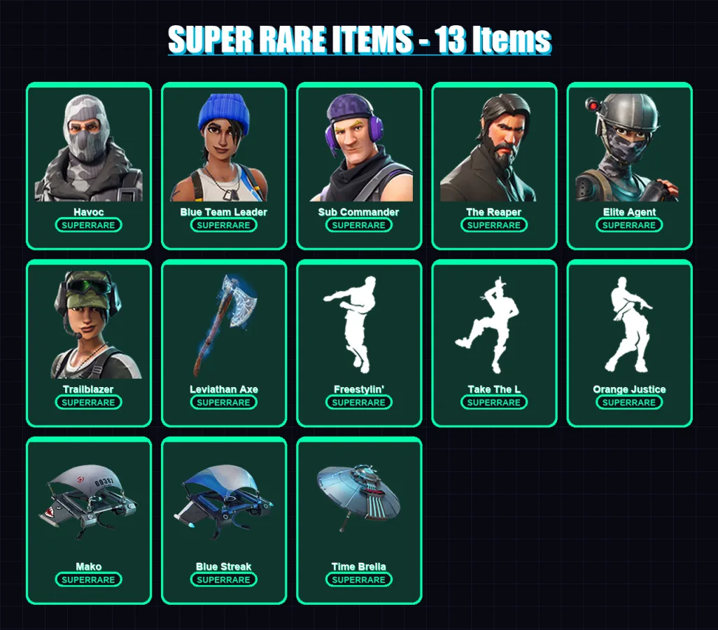 [PC/XBOX/PSN] | Havoc | Blue Team Leader | Sub Commander | The Reaper | Elite Agent | 114 skin | 112 pickaxe | 89 emote | 97 glider | Lv1587 — Fortnite account
