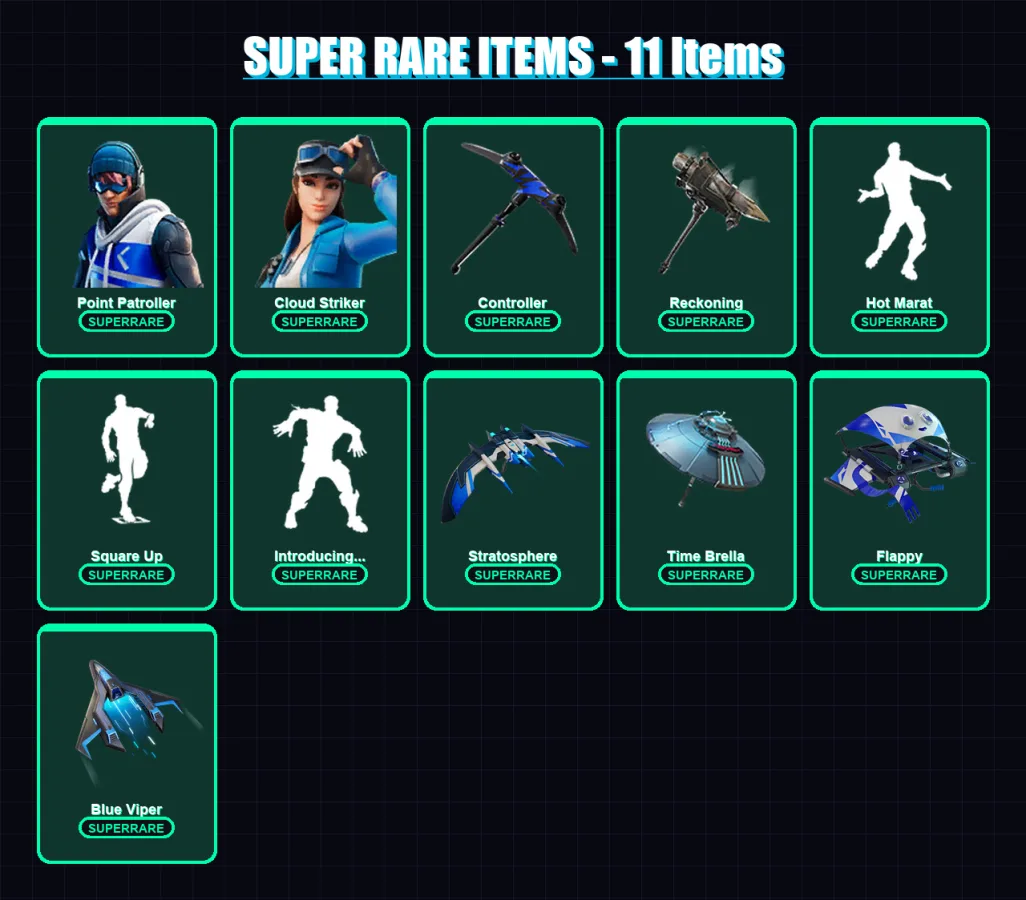 [PS4/PS5/XBOX/PC] | Point Patroller | Cloud Striker | Lynx | Dire | The Prisoner | 63 skin | 65 pickaxe | 74 emote | 76 glider | Lv1105
