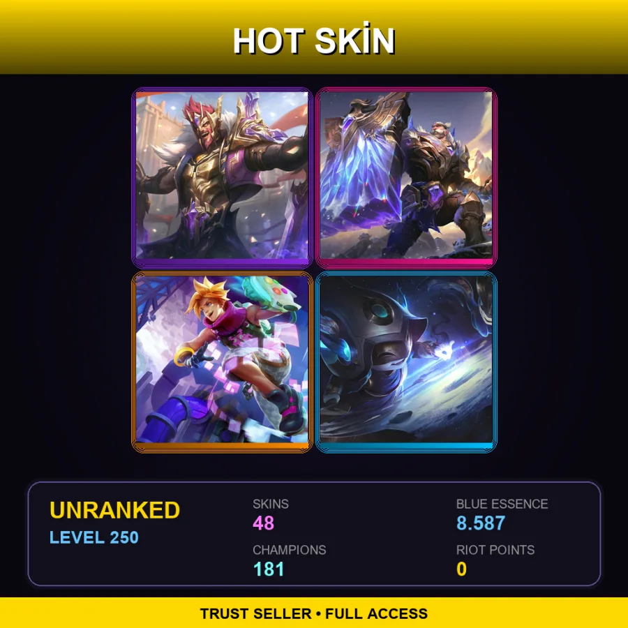 LAS | Lv250 | Unranked | 48 Skin | 181 Champ — LoL account