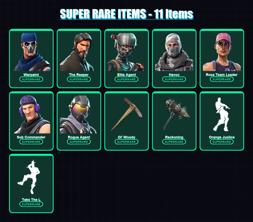 [PC/XBOX/PSN] | Warpaint | The Reaper | Elite Agent | Havoc | Rose Team Leader | 43 skin | 84 pickaxe | 51 emote | 70 glider | Lv666