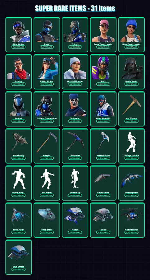 [PS4/PS5/XBOX/PC] | Blue Striker | Fixer | Trilogy | Rose Team Leader | Blue Team Leader | 203 skin | 217 pickaxe | 205 emote | 205 glider | Lv2628
