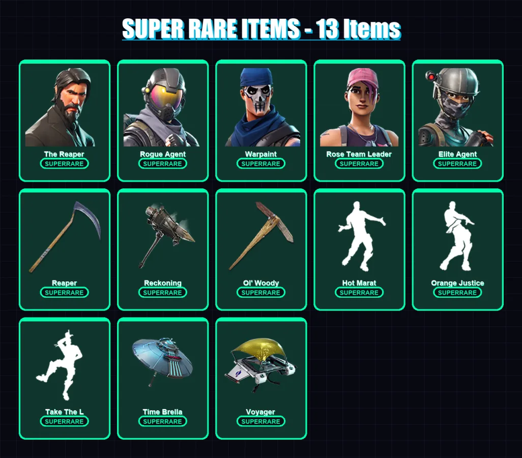 [PS4/PS5/XBOX/PC] | The Reaper | Rogue Agent | Warpaint | Rose Team Leader | Elite Agent | 185 skin | 213 pickaxe | 197 emote | 177 glider | Lv3168
