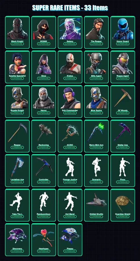 [PC/XBOX/PSN] | Black Knight | IKONIK | Galaxy | The Reaper | Honor Guard | 246 skin | 184 pickaxe | 170 emote | 141 glider | Lv1716