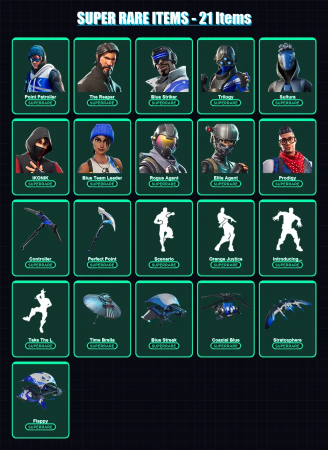 [PS4/PS5/XBOX/PC] | Point Patroller | The Reaper | Blue Striker | Trilogy | Sultura | 57 skin | 60 pickaxe | 55 emote | 75 glider | Lv947