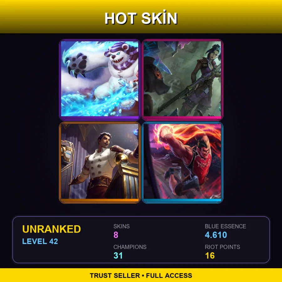 EUW | Lv42 | Unranked | 8 Skin | 31 Champ — LoL account