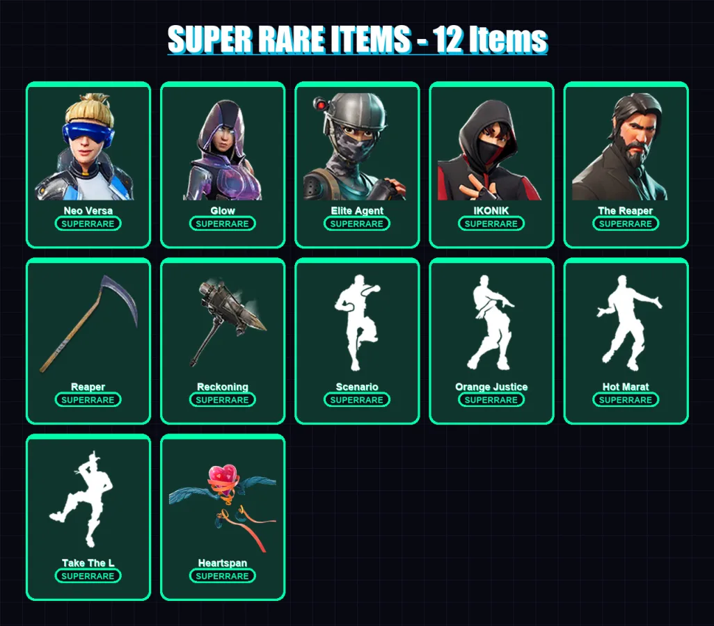 [PC/XBOX/PSN] | Neo Versa | Glow | Elite Agent | IKONIK | The Reaper | 122 skin | 105 pickaxe | 98 emote | 107 glider | Lv1560
