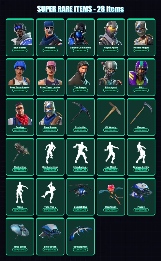 [PS4/PS5/XBOX/PC] | Blue Striker | Warpaint | Carbon Commando | Rogue Agent | Royale Knight | 121 skin | 96 pickaxe | 95 emote | 96 glider | Lv1329
