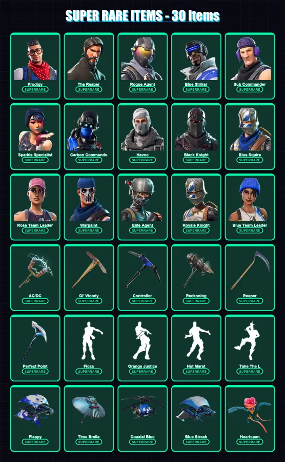 [PC] | Prodigy | The Reaper | Rogue Agent | Blue Striker | Sub Commander | 130 skin | 104 pickaxe | 107 emote | 109 glider | Lv1273