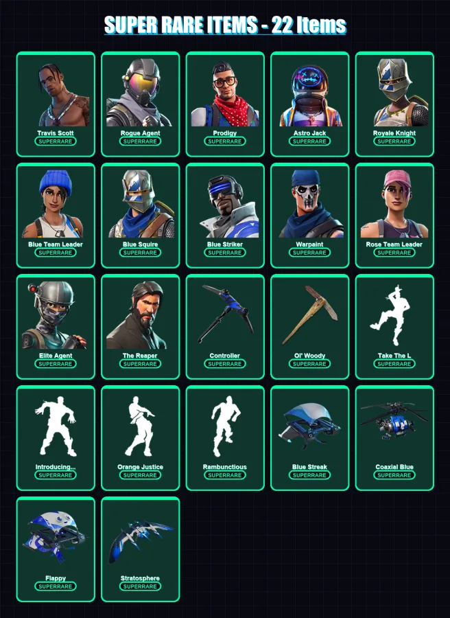 [PS4/PS5/PC] | Travis Scott | Rogue Agent | Prodigy | Astro Jack | Royale Knight | 57 skin | 48 pickaxe | 43 emote | 55 glider | Lv725 — Fortnite account