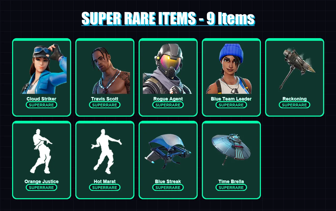 [PS4/PS5/XBOX/PC] | Cloud Striker | Travis Scott | Rogue Agent | Blue Team Leader | Valor | 50 skin | 77 pickaxe | 59 emote | 75 glider | Lv1088
