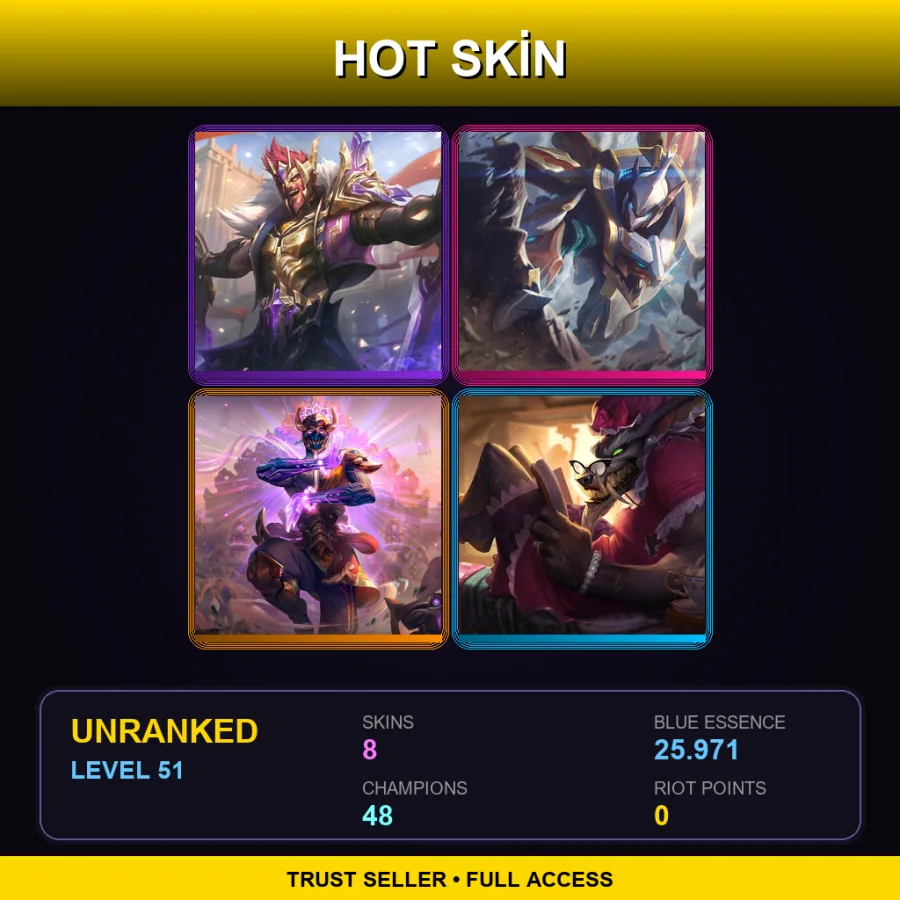 LAS | Lv51 | Unranked | 8 Skin | 48 Champ — Three Honors Akshan