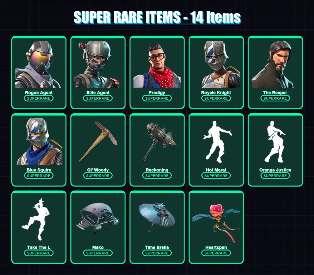 [PS4/PS5/XBOX/PC] | Rogue Agent | Elite Agent | Prodigy | Royale Knight | The Reaper | 105 skin | 80 pickaxe | 89 emote | 83 glider | Lv1107