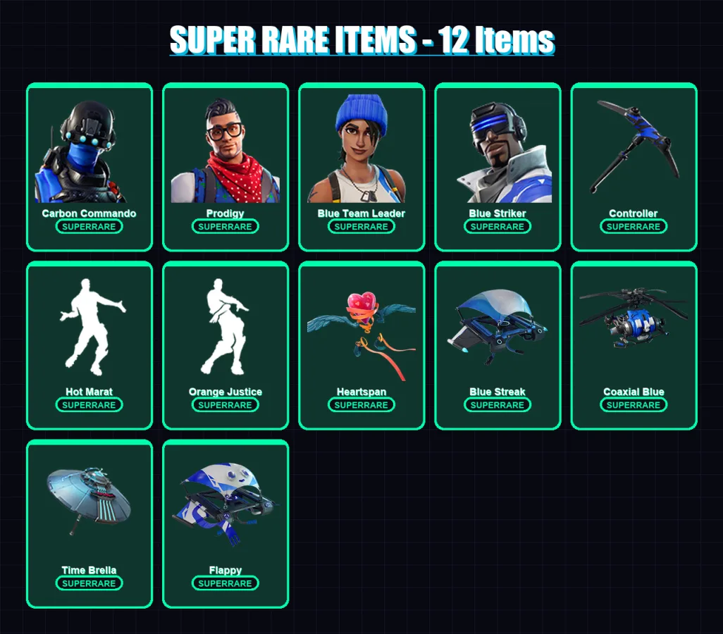 [PC/XBOX] | Carbon Commando | Prodigy | Blue Team Leader | Blue Striker | Hybrid | 51 skin | 59 pickaxe | 66 emote | 64 glider | Lv1137