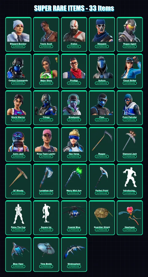 [PC/XBOX/PSN] | Blizzard Bomber | Travis Scott | Kratos | Warpaint | Rogue Agent | 234 skin | 205 pickaxe | 215 emote | 153 glider | Lv2132