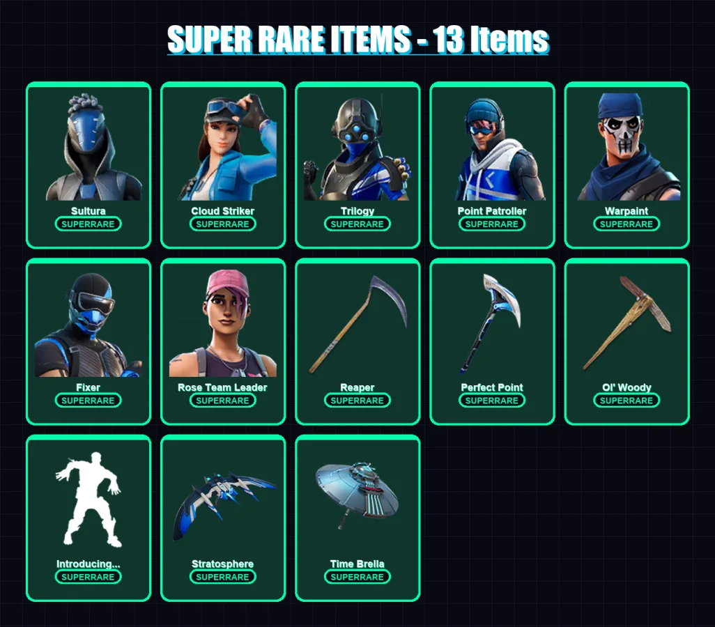 [PC/XBOX/PSN] | Sultura | Cloud Striker | Trilogy | Point Patroller | Warpaint | 93 skin | 117 pickaxe | 95 emote | 103 glider | Lv1696