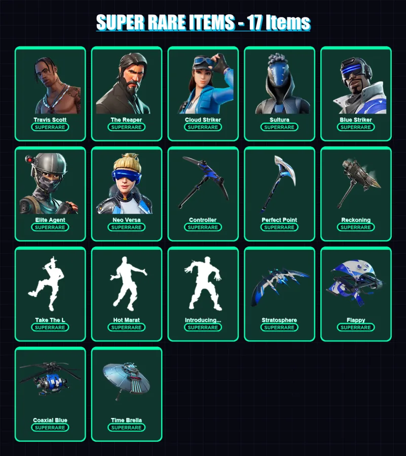 [PC/XBOX] | Travis Scott | The Reaper | Cloud Striker | Sultura | Blue Striker | 66 skin | 65 pickaxe | 91 emote | 68 glider | Lv1278 — Fortnite account