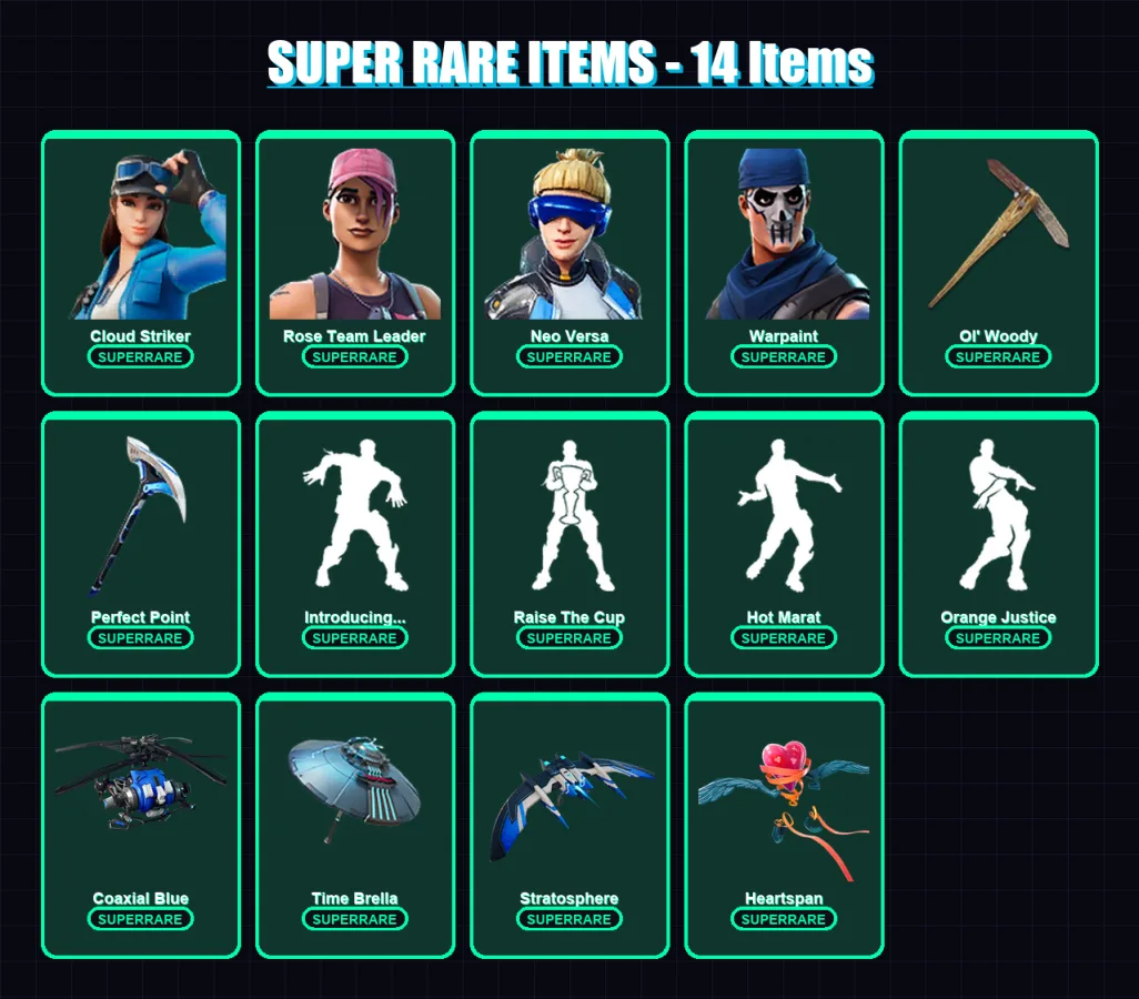 [PC] | Cloud Striker | Rose Team Leader | Neo Versa | Warpaint | Deadpool | 121 skin | 150 pickaxe | 139 emote | 146 glider | Lv2126