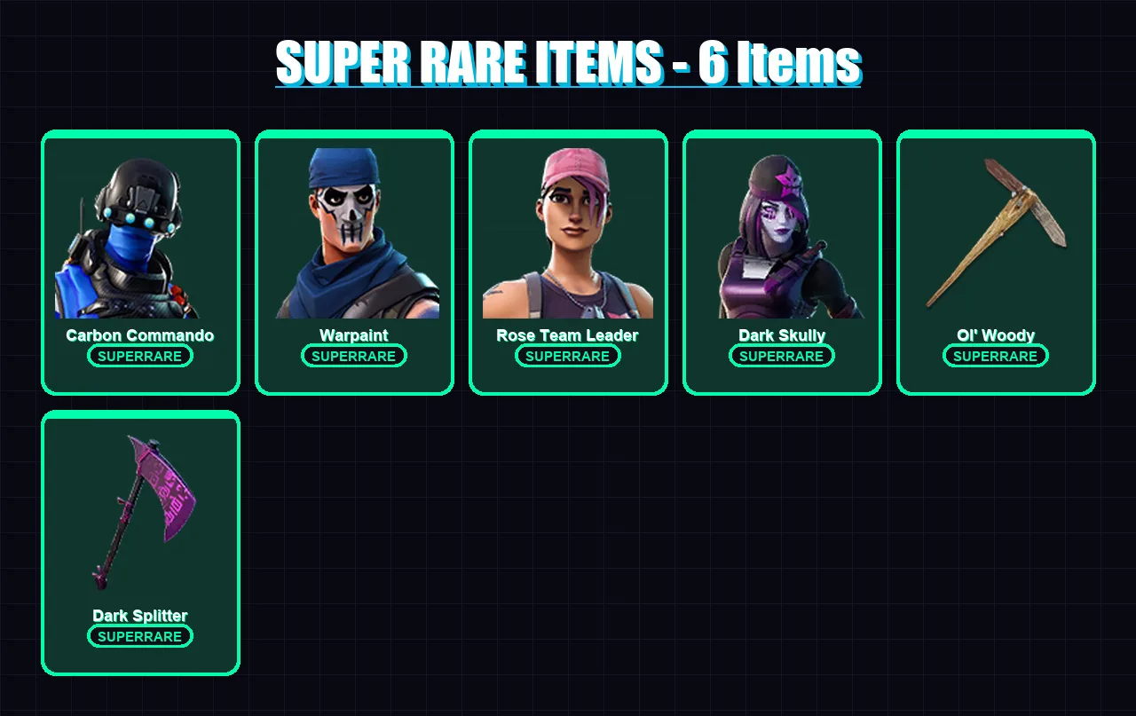 [PC] | Carbon Commando | Warpaint | Rose Team Leader | Dark Skully | Kymera | 24 skin | 31 pickaxe | 28 emote | 22 glider | Lv165