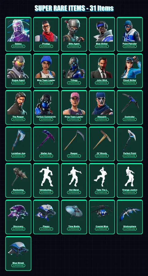 [PC/XBOX] | Galaxy | Prodigy | Elite Agent | Blue Striker | Point Patroller | 232 skin | 243 pickaxe | 273 emote | 203 glider | Lv2803