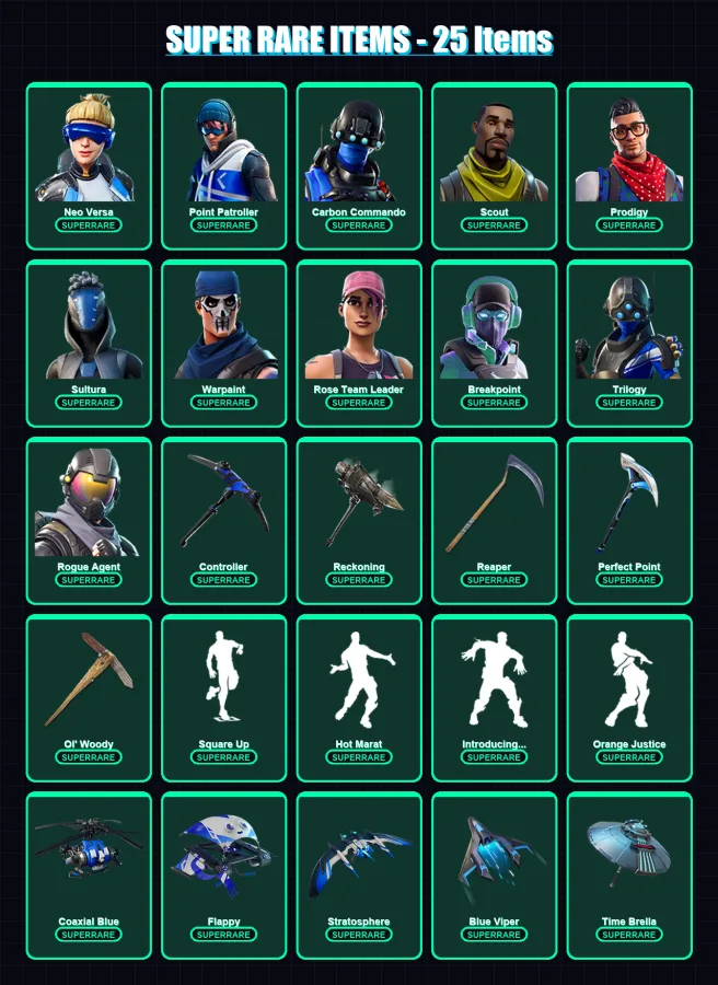 [PS4/PS5/XBOX/PC] | Neo Versa | Point Patroller | Carbon Commando | Scout | Prodigy | 235 skin | 251 pickaxe | 231 emote | 197 glider | Lv2629