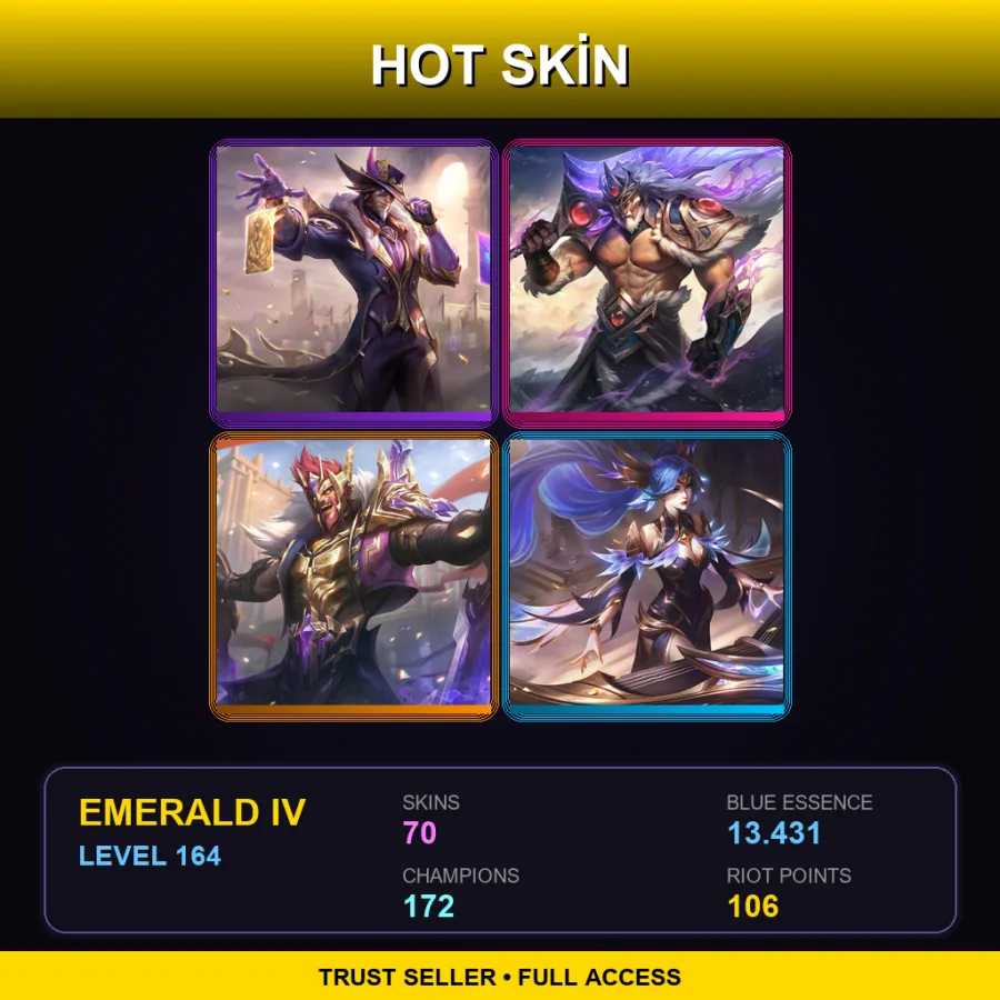 EUW | Lv164 | Emerald IV | 70 Skin | 172 Champ