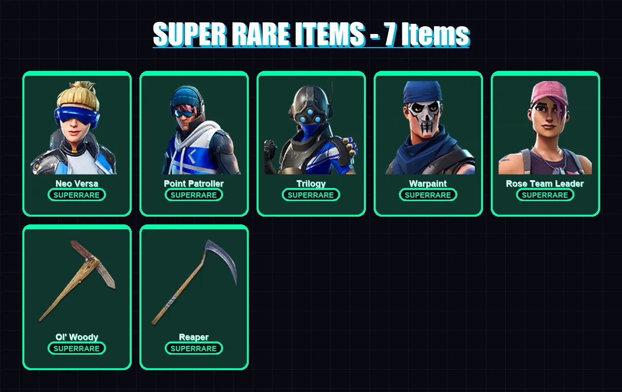 [PC] | Neo Versa | Point Patroller | Trilogy | Warpaint | Rose Team Leader | 71 skin | 71 pickaxe | 56 emote | 61 glider | Lv963 — Fortnite account