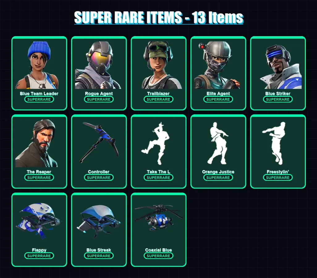 [PS4/PS5/XBOX/PC] | Blue Team Leader | Rogue Agent | Trailblazer | Elite Agent | Blue Striker | 23 skin | 31 pickaxe | 31 emote | 26 glider | Lv359