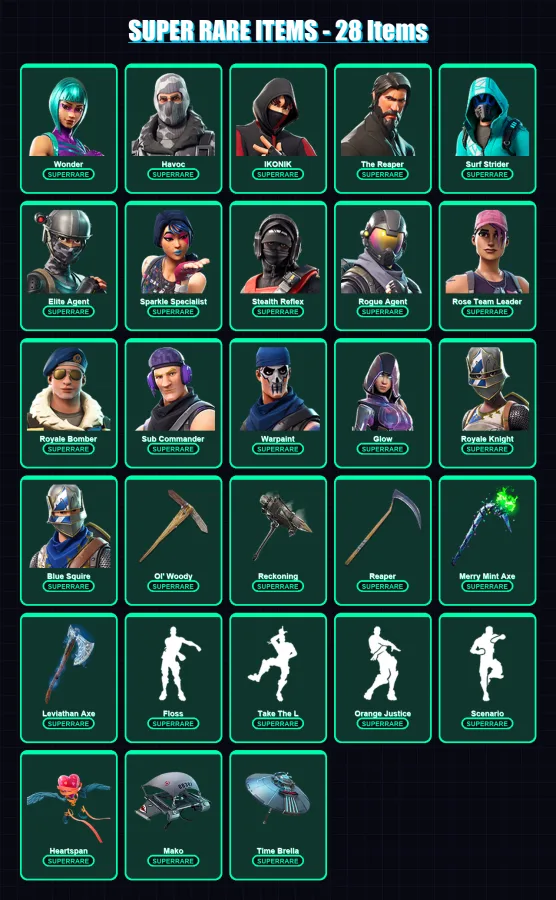 [PC/XBOX/PSN] | Wonder | Havoc | IKONIK | The Reaper | Surf Strider | 174 skin | 156 pickaxe | 111 emote | 122 glider | Lv2042