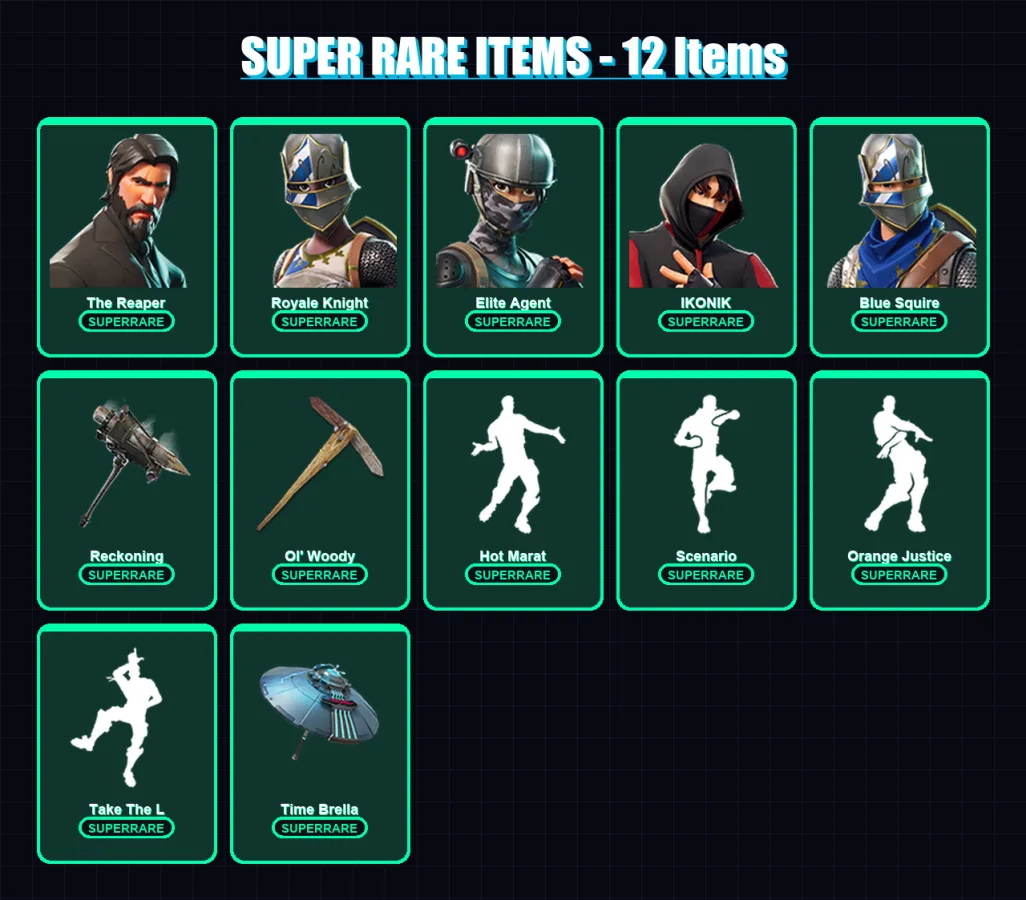 [PS4/PS5/PC] | The Reaper | Royale Knight | Elite Agent | IKONIK | Blue Squire | 97 skin | 92 pickaxe | 112 emote | 93 glider | Lv1088