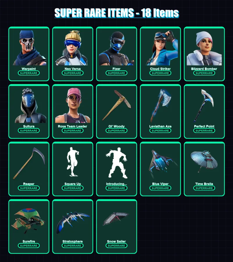 [PS4/PS5/XBOX/PC] | Warpaint | Neo Versa | Fixer | Cloud Striker | Blizzard Bomber | 170 skin | 169 pickaxe | 132 emote | 135 glider | Lv2326