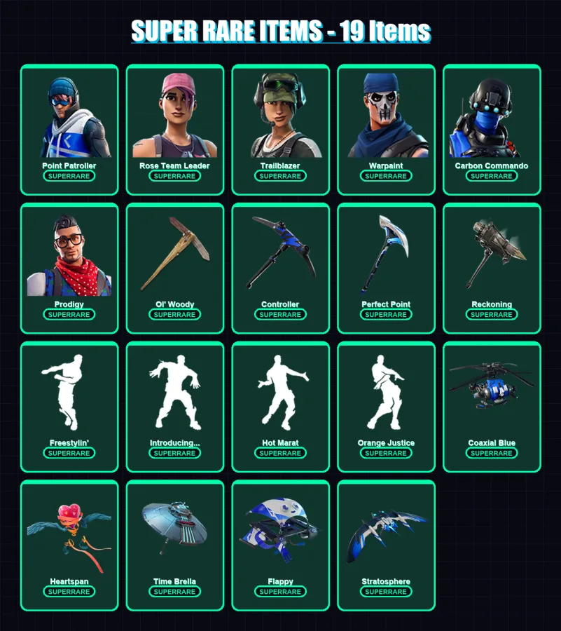 [PC/XBOX] | Point Patroller | Rose Team Leader | Trailblazer | Warpaint | Carbon Commando | 128 skin | 129 pickaxe | 114 emote | 126 glider | Lv1670