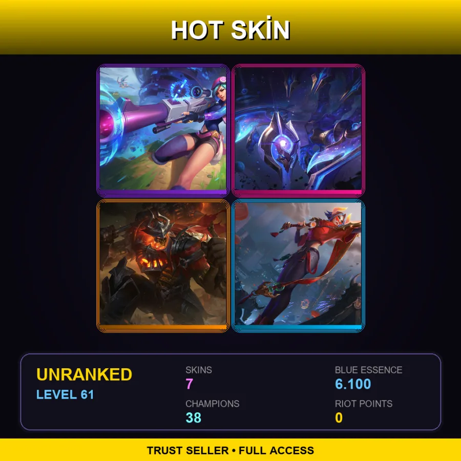 LAN | Arcade Caitlyn | Cosmic Sting Skarner | High Noon Mordekaiser | Lunar Beast Fiora | 7 Skin | 38 Champ | Lv61