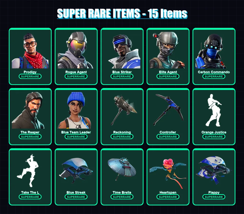 [PS4/PS5/XBOX/PC] | Prodigy | Rogue Agent | Blue Striker | Elite Agent | Carbon Commando | 69 skin | 55 pickaxe | 57 emote | 67 glider | Lv1157