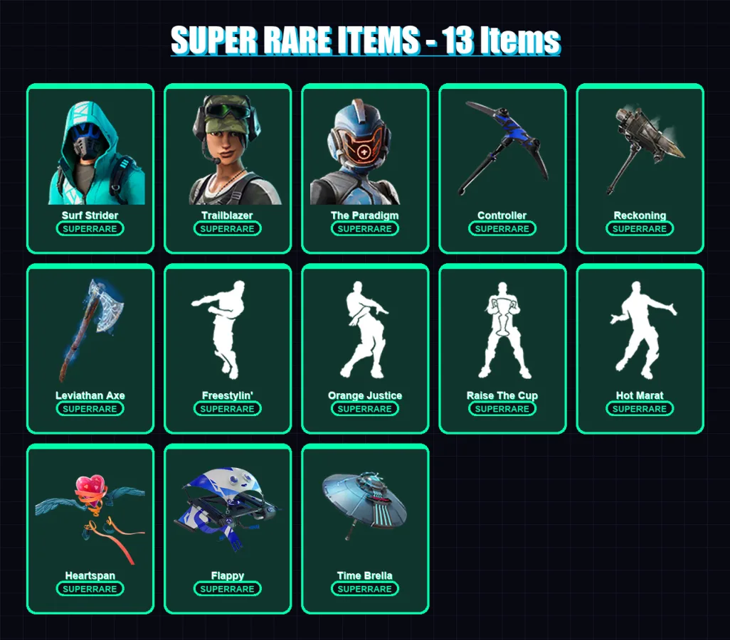 [PS4/PS5/XBOX/PC] | Surf Strider | Trailblazer | The Paradigm | Calamity | Blackheart | 215 skin | 234 pickaxe | 199 emote | 181 glider | Lv2831