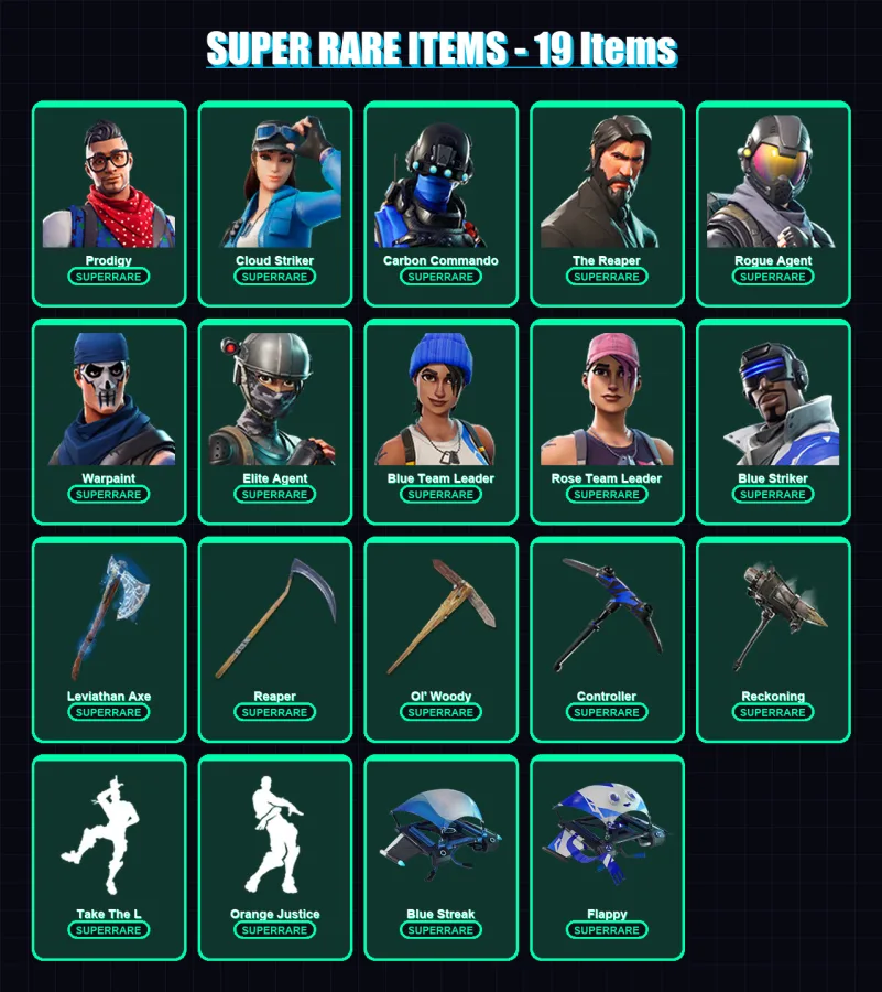 [PC/XBOX] | Prodigy | Cloud Striker | Carbon Commando | The Reaper | Rogue Agent | 149 skin | 139 pickaxe | 126 emote | 100 glider | Lv1709