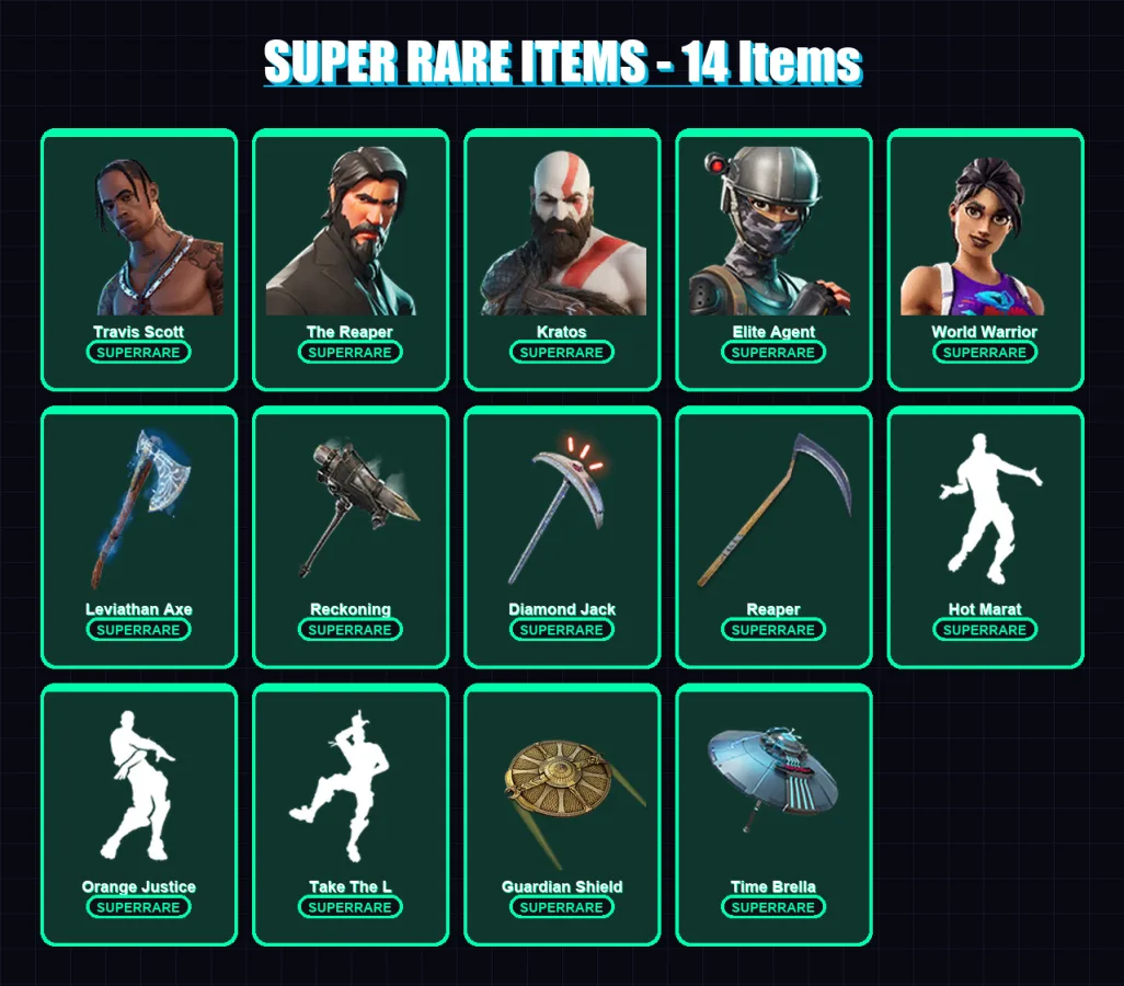 [PS4/PS5/XBOX/PC] | Travis Scott | The Reaper | Kratos | Elite Agent | World Warrior | 100 skin | 96 pickaxe | 111 emote | 107 glider | Lv2072