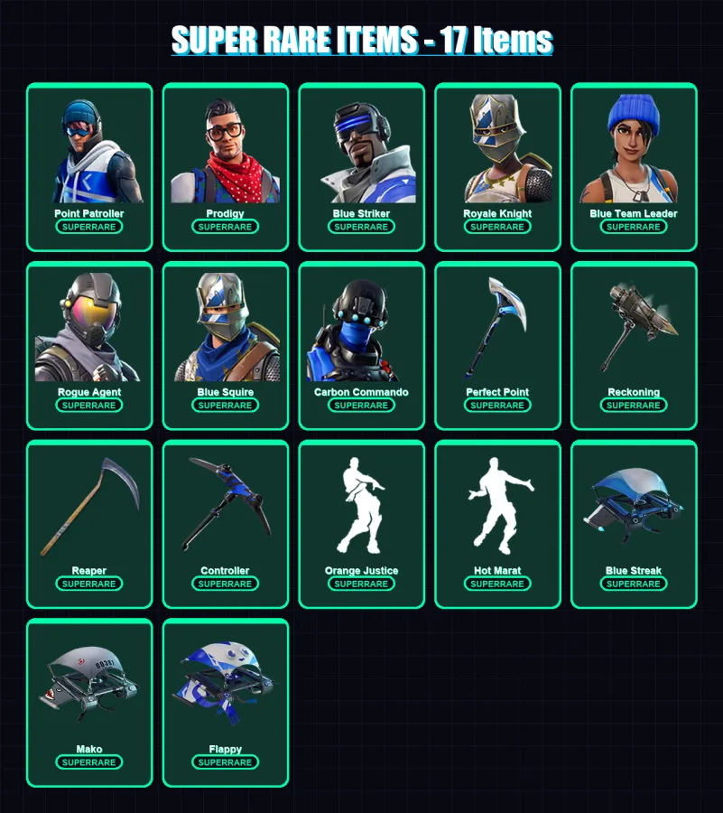 [PS4/PS5/XBOX/PC] | Point Patroller | Prodigy | Blue Striker | Royale Knight | Blue Team Leader | 58 skin | 39 pickaxe | 37 emote | 40 glider | Lv55