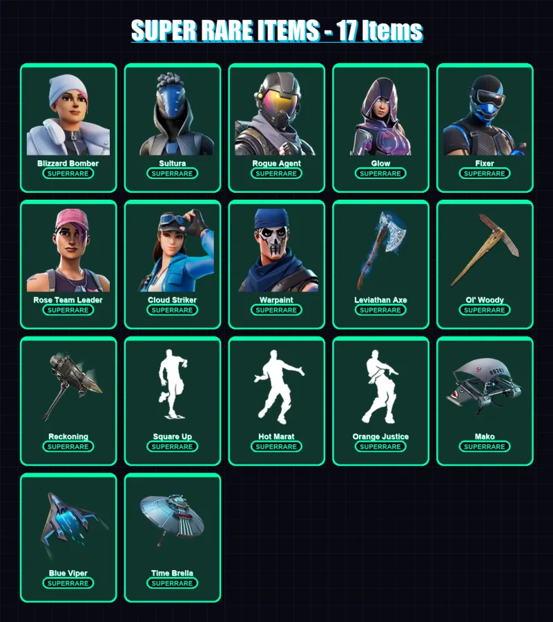 [PS4/PS5/XBOX/PC] | Blizzard Bomber | Sultura | Rogue Agent | Glow | Fixer | 101 skin | 147 pickaxe | 111 emote | 140 glider | Lv2908