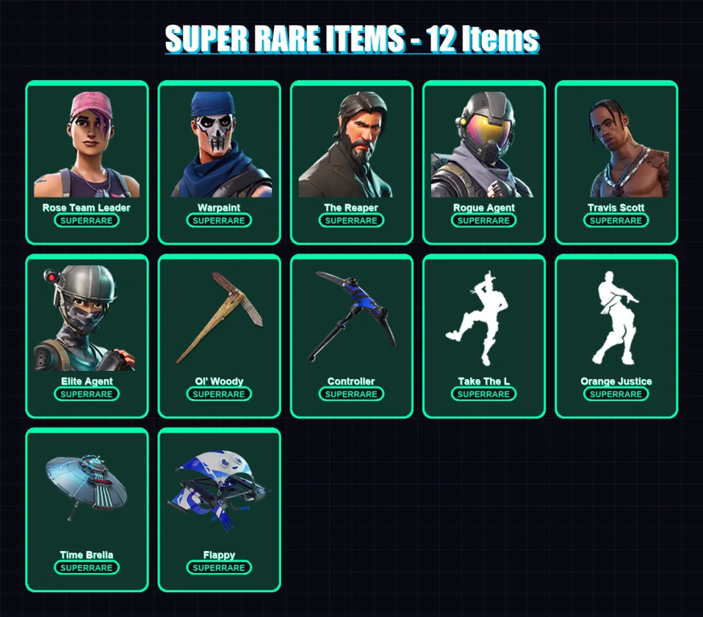 [PC/XBOX] | Rose Team Leader | Warpaint | The Reaper | Rogue Agent | Travis Scott | 64 skin | 56 pickaxe | 59 emote | 65 glider | Lv933