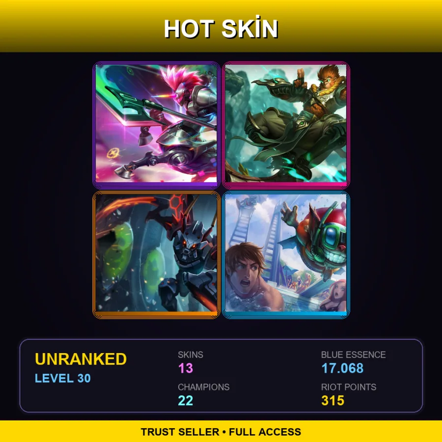 OCE | Lv30 | Unranked | 13 Skin | 22 Champ