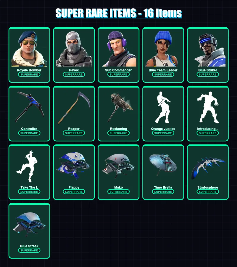 [PS4/PS5/XBOX/PC] | Royale Bomber | Havoc | Sub Commander | Blue Team Leader | Blue Striker | 46 skin | 56 pickaxe | 47 emote | 60 glider | Lv746