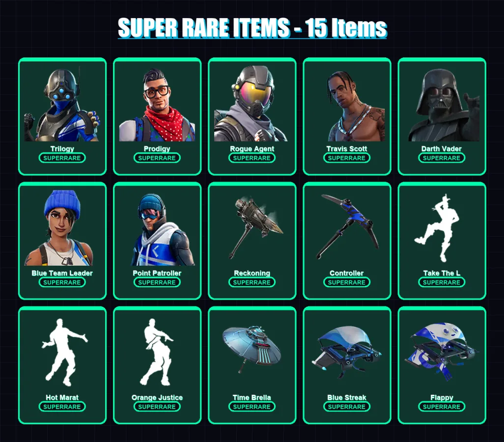 [PC/XBOX] | Trilogy | Prodigy | Rogue Agent | Travis Scott | Darth Vader | 124 skin | 98 pickaxe | 107 emote | 101 glider | Lv1337